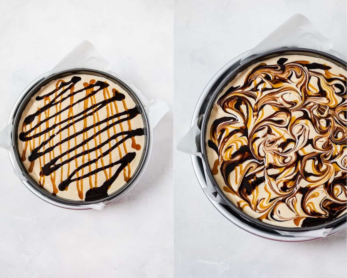 peanut butter cheesecake batter in a springform pan with chocolate and caramel sauce swirled throughout the batter