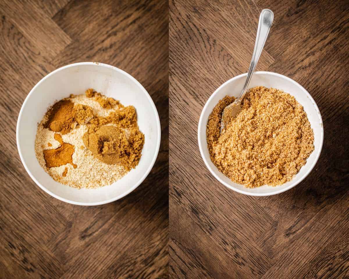 two photo collage of vanilla wafer crust ingredients before and after being mixed together