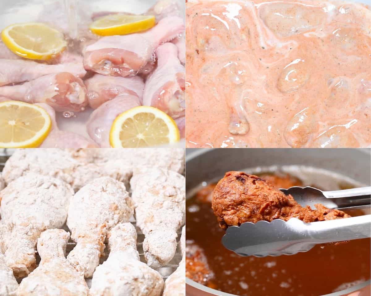soaking, marinating, coating and frying chicken collage