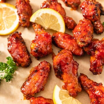 hot chicken wings, lemon slices and parsley on a brown sheet of parchment paper