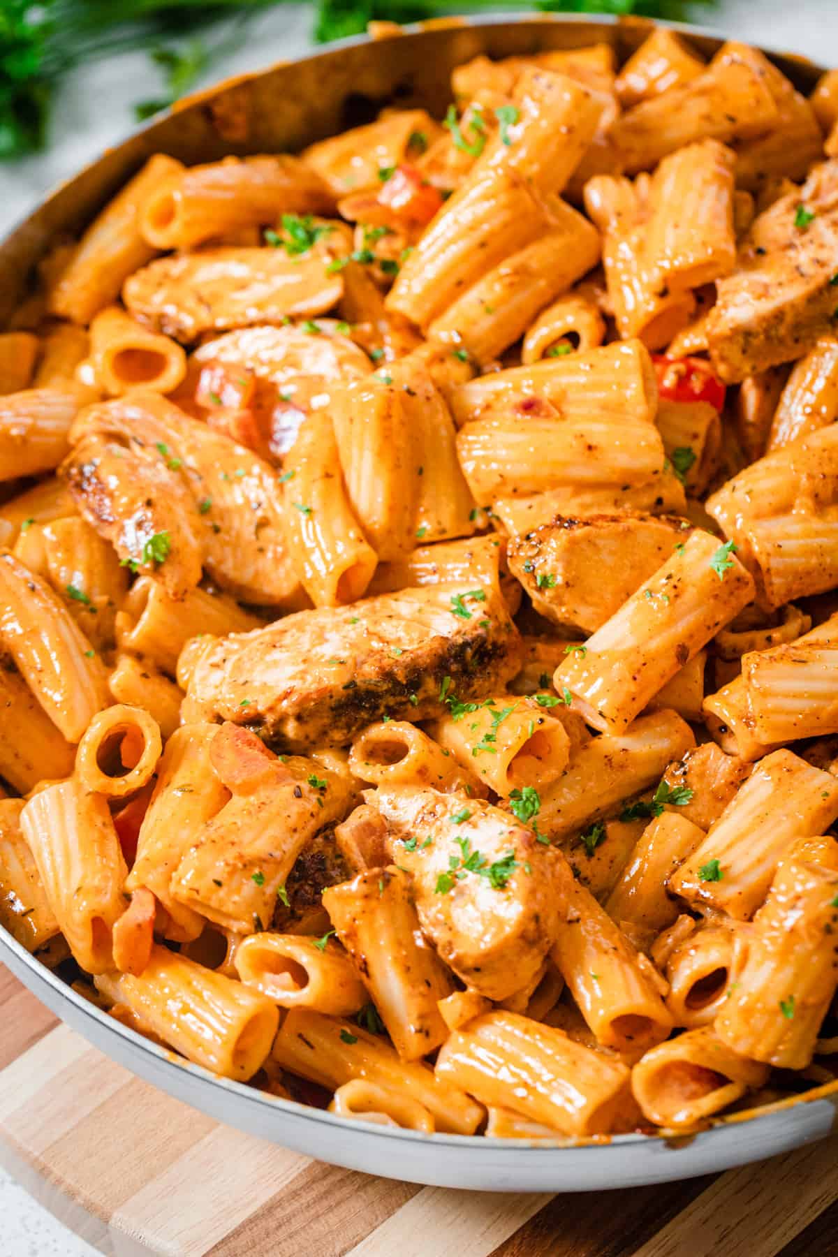 chicken and pasta in a pan