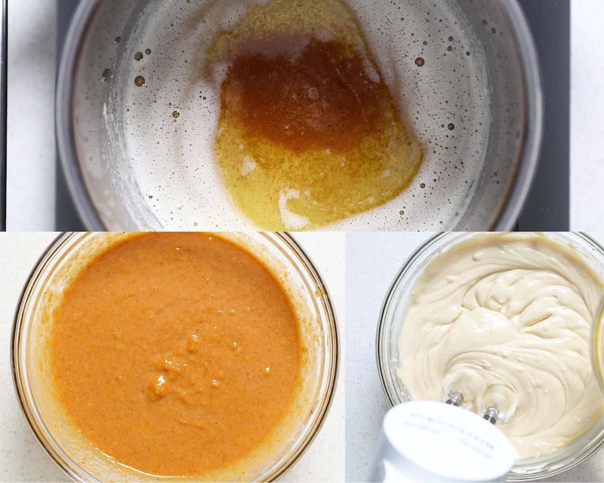 browned butter, sweet potato pie filling and maple cheesecake filling