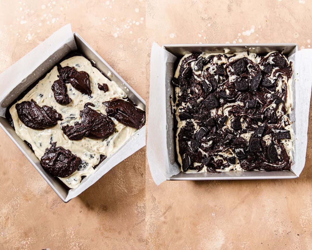 assembling oreo cheesecake stuffed brownies