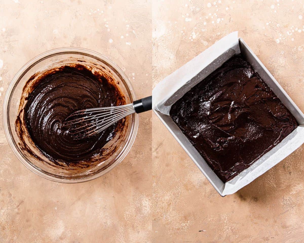 brownie batter in a bowl and in a square pan