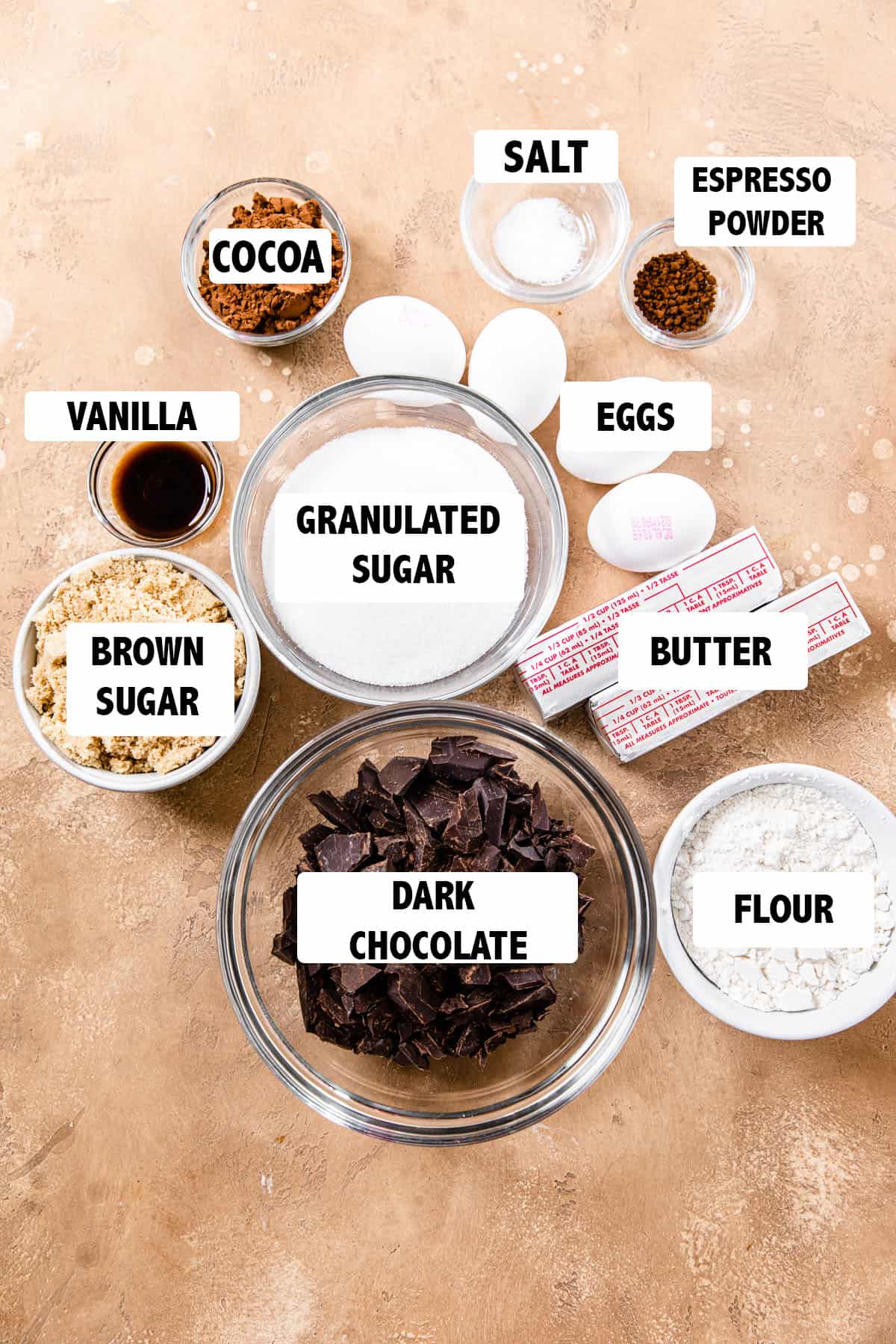 labeled Ingredients for homemade brownies