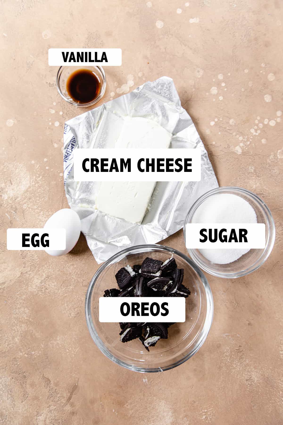 labeled ingredients for Oreo cheesecake