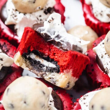 close up of red velvet cheesecake cupcake stuffed with Oreo