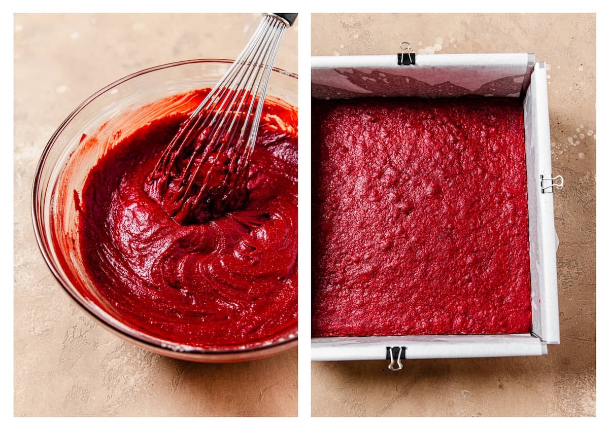 red velvet brownie batter and baked red velvet brownie