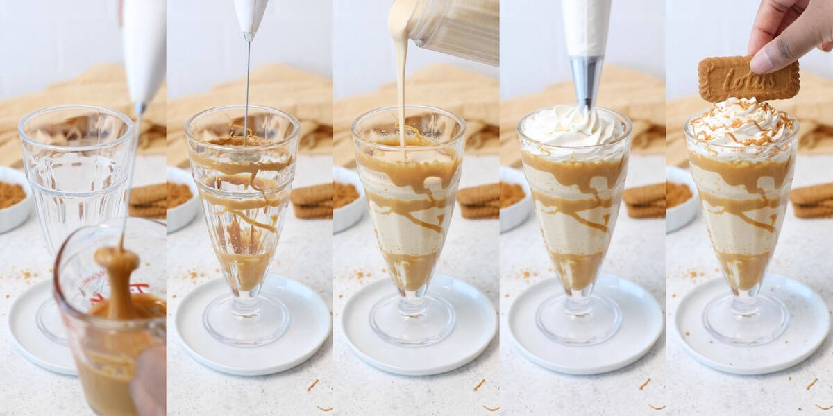 decorating milkshake glass, pouring in milkshake, piping a swirl of whipped cream and topping with a biscuit 