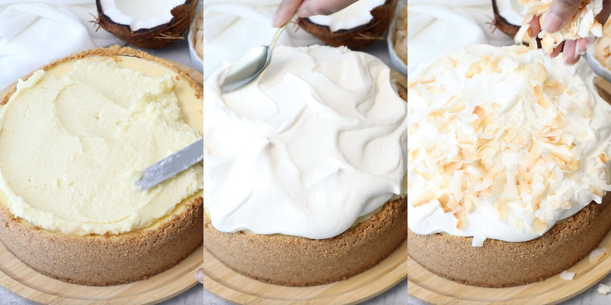 spreading coconut custard on cheesecake and topping it with whipped cream and toasted coconut flakes