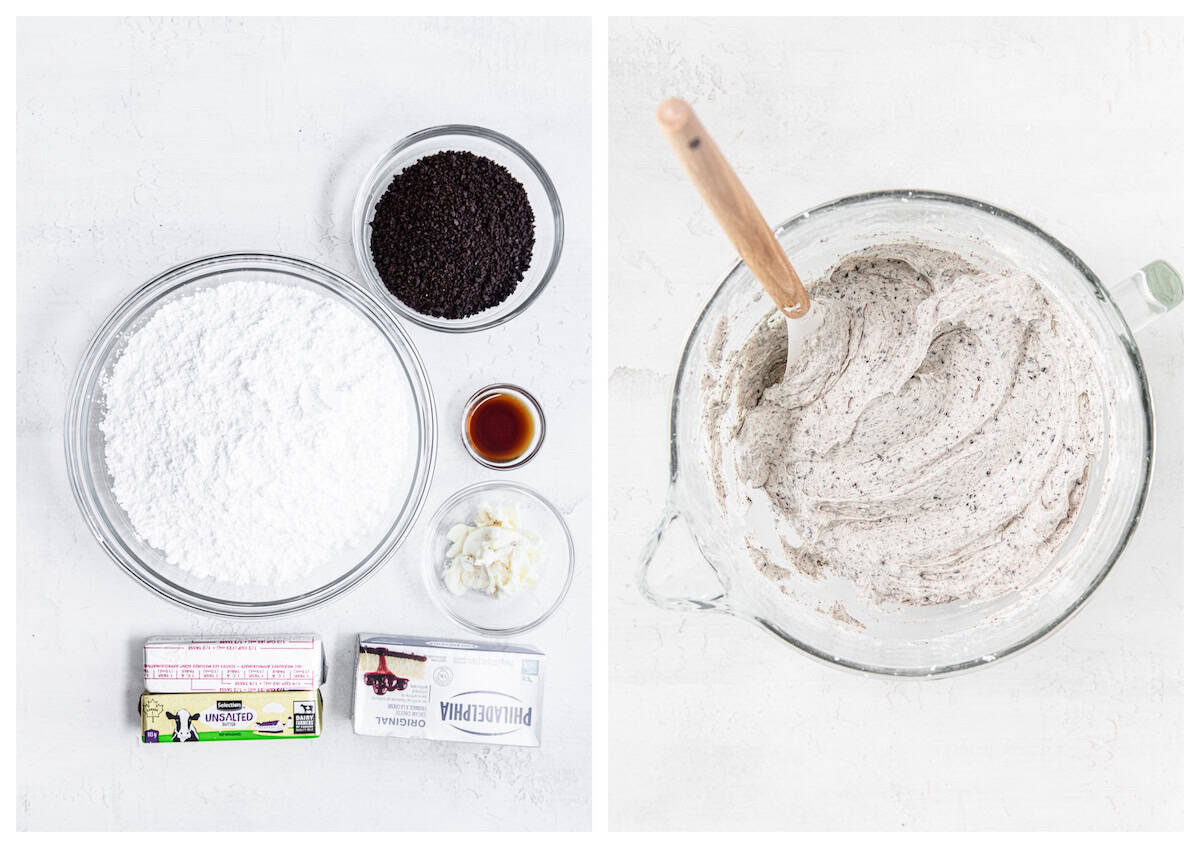 ingredients for cookies and cream cream cheese frosting and Oreo cream cheese frosting in a mixing bowl