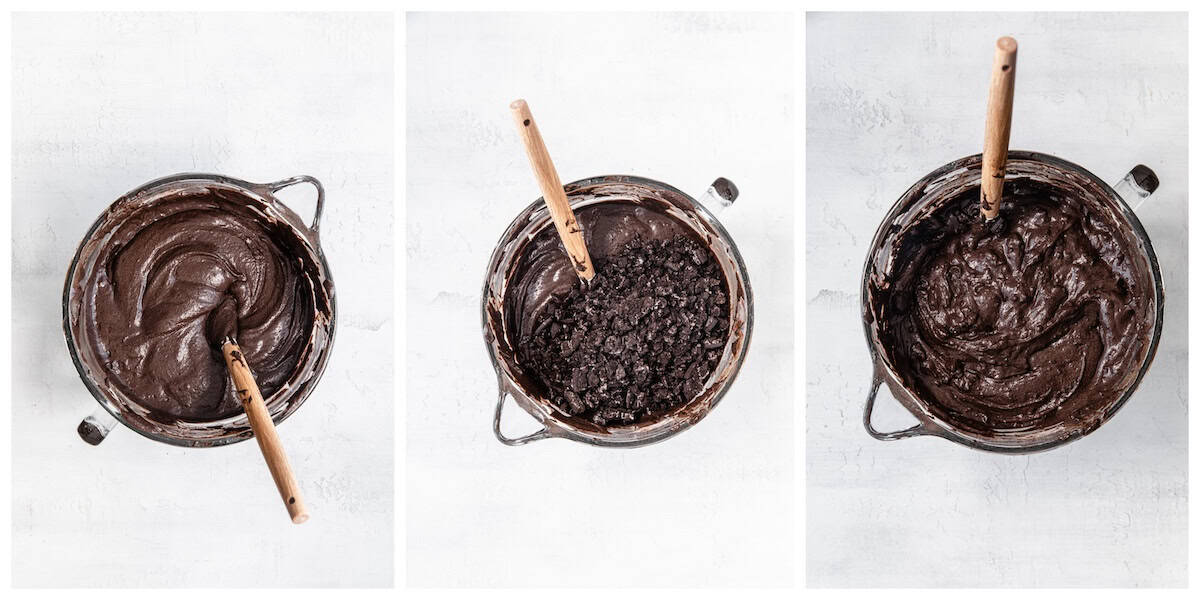 three photos in a collage of chocolate cake batter with crushed Oreos mixed in