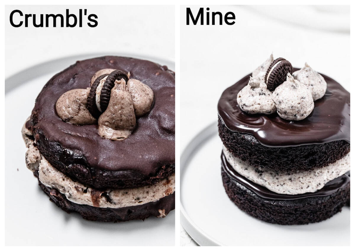 side by side comparison of Crumbl's mini chocolate cake vs my own