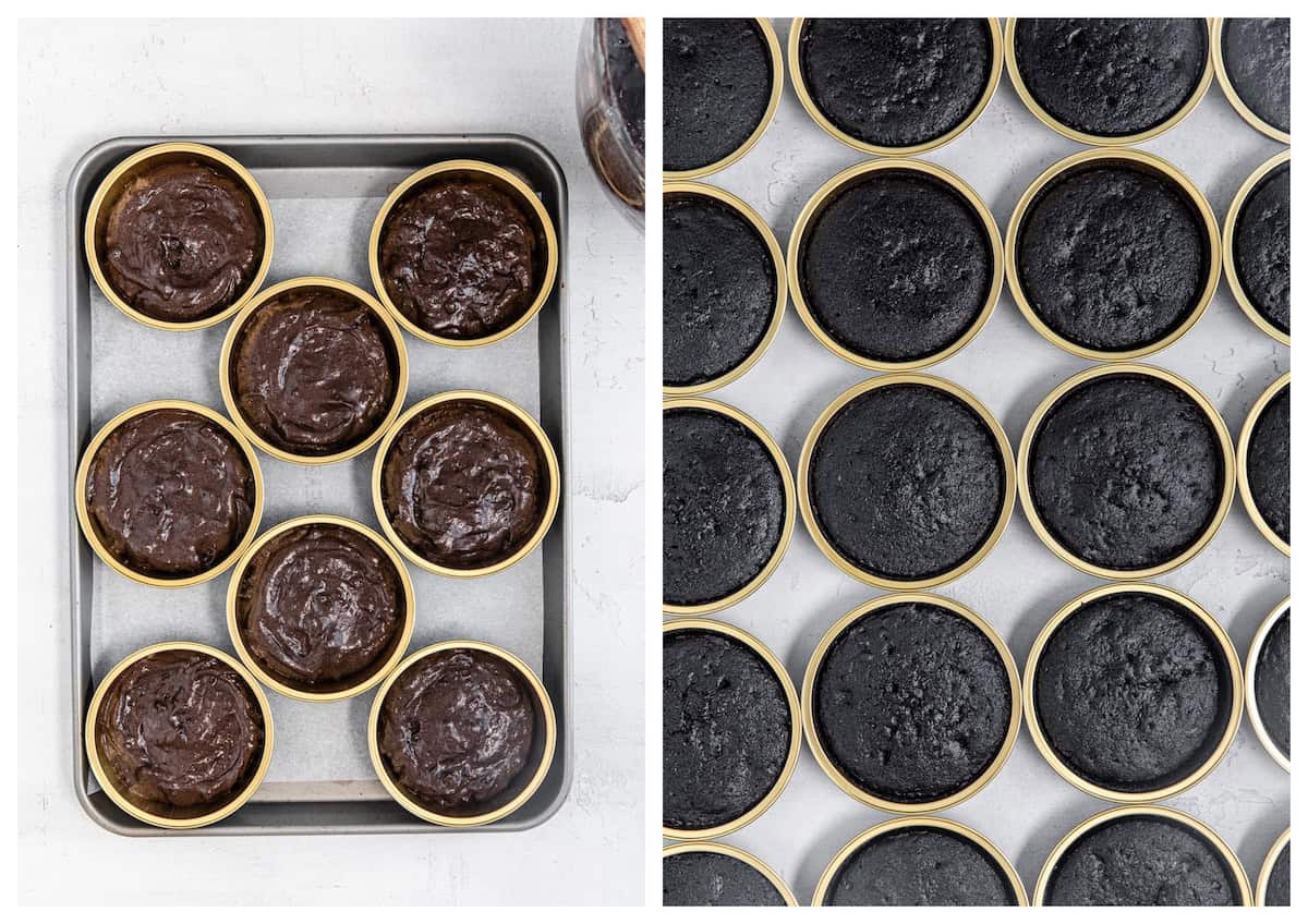 unbaked and baked chocolate cake in mini cake tins